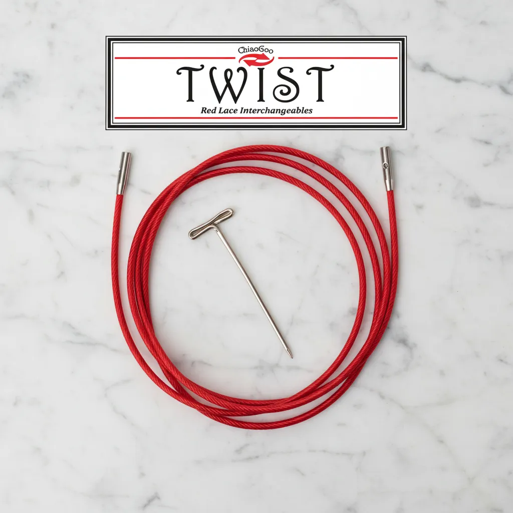 ChiaoGoo TWIST Red Large [L] -vaihtokaapeli (5,50–10,00 mm puikoille). Täysin muistiton nailonpäällysteinen teräsvaijeri sujuvaan ja kestävään neulontaan.