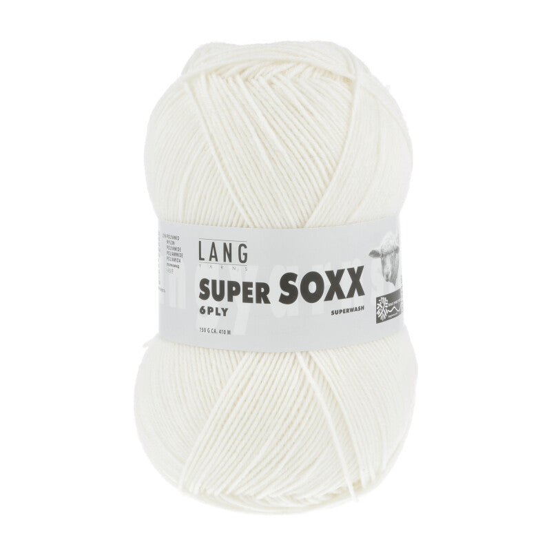 Lang Yarns Super Soxx 6-ply on perinteinen sukkalangan 
75 % puhdasta uutta villaa, 25 % polyamidia
150 g kerä = 410 m
Yksi kerä (150 g) riittää aikuisten sukkapariin kokoon 44 asti.