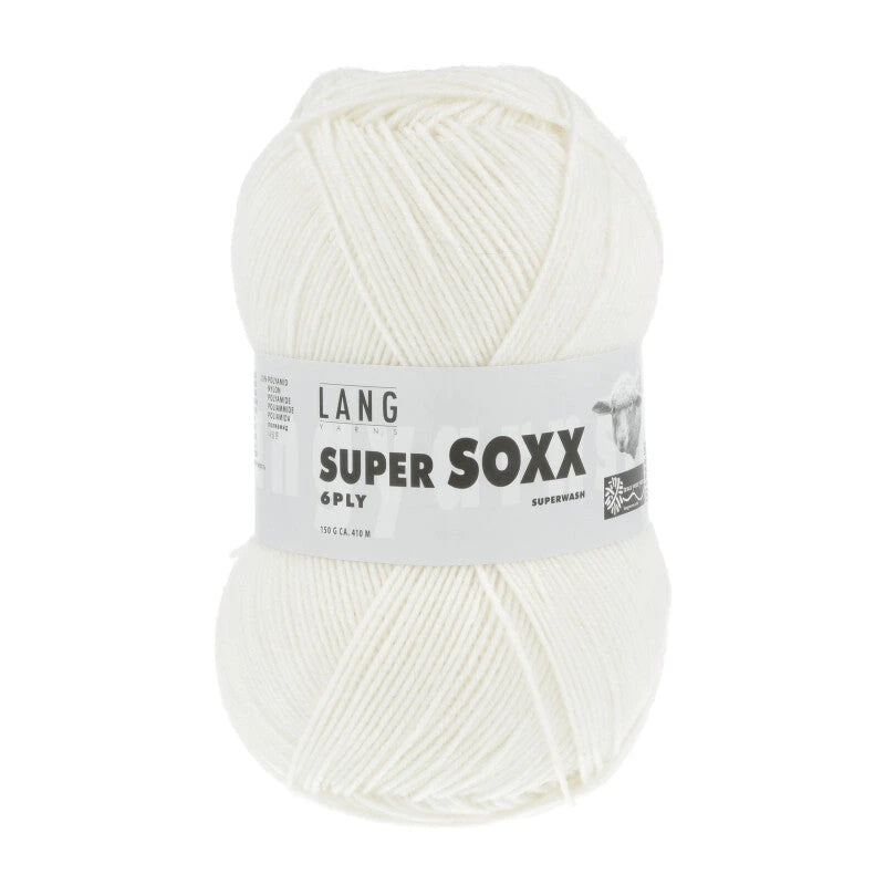 Lang Yarns Super Soxx 6-ply on perinteinen sukkalangan 
75 % puhdasta uutta villaa, 25 % polyamidia
150 g kerä = 410 m
Yksi kerä (150 g) riittää aikuisten sukkapariin kokoon 44 asti.