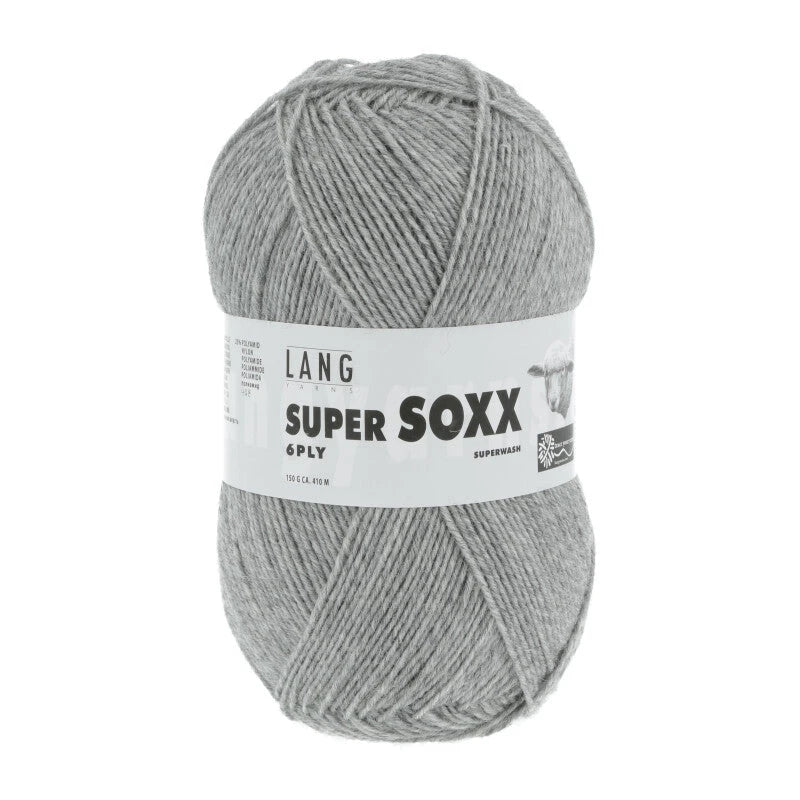 Lang Yarns Super Soxx 6-ply on perinteinen sukkalangan 
75 % puhdasta uutta villaa, 25 % polyamidia
150 g kerä = 410 m
Yksi kerä (150 g) riittää aikuisten sukkapariin kokoon 44 asti.