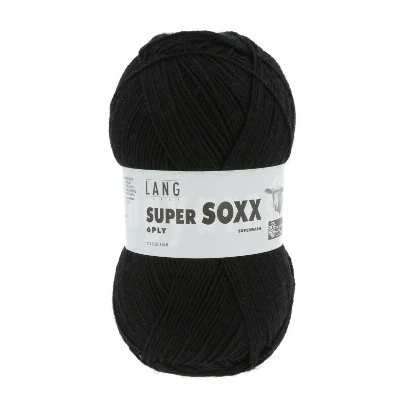 Lang Yarns Super Soxx 6-ply on perinteinen sukkalangan 
75 % puhdasta uutta villaa, 25 % polyamidia
150 g kerä = 410 m
Yksi kerä (150 g) riittää aikuisten sukkapariin kokoon 44 asti.