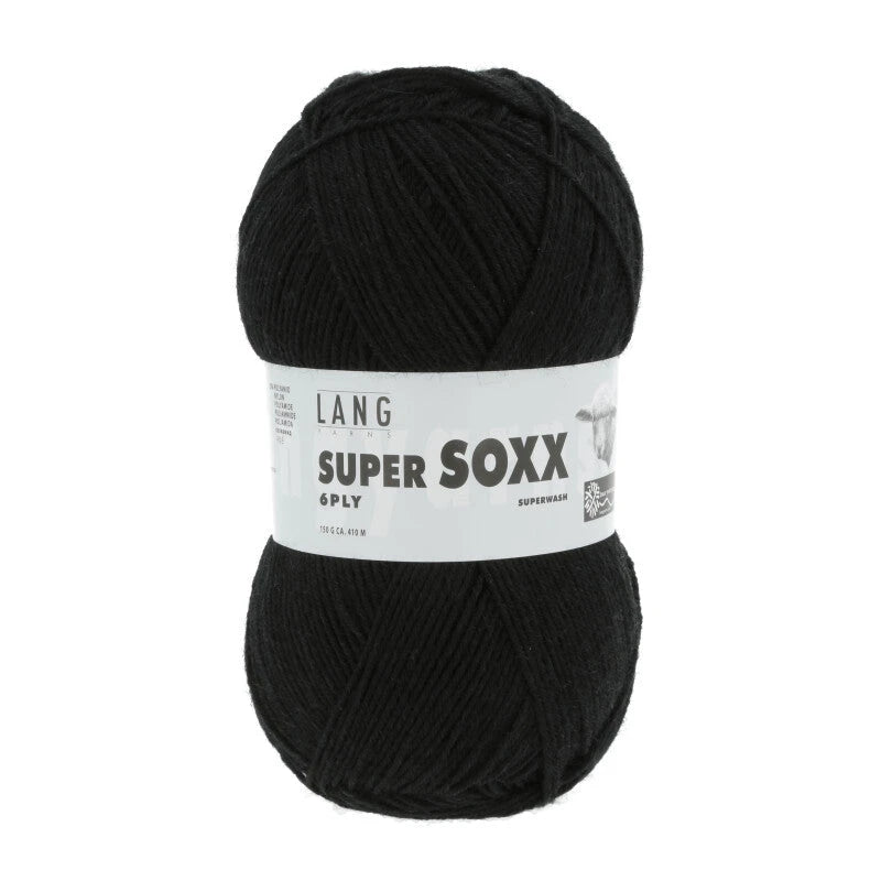 Lang Yarns Super Soxx 6-ply on perinteinen sukkalangan 
75 % puhdasta uutta villaa, 25 % polyamidia
150 g kerä = 410 m
Yksi kerä (150 g) riittää aikuisten sukkapariin kokoon 44 asti.