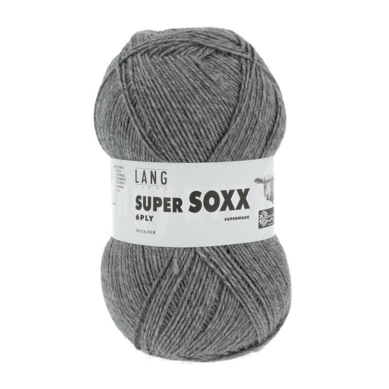 Lang Yarns Super Soxx 6-ply on perinteinen sukkalangan 
75 % puhdasta uutta villaa, 25 % polyamidia
150 g kerä = 410 m
Yksi kerä (150 g) riittää aikuisten sukkapariin kokoon 44 asti.