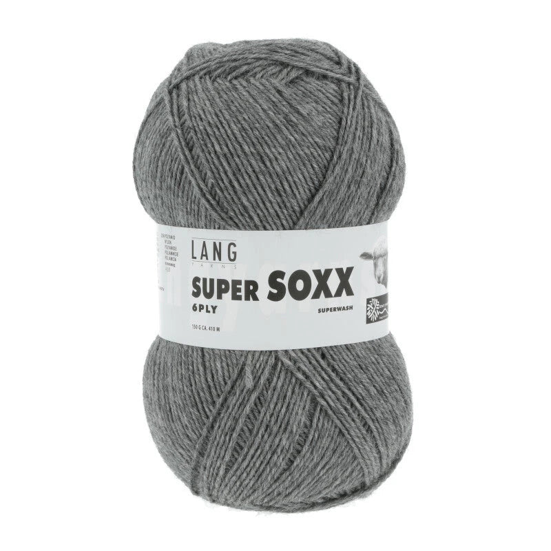Lang Yarns Super Soxx 6-ply on perinteinen sukkalangan 
75 % puhdasta uutta villaa, 25 % polyamidia
150 g kerä = 410 m
Yksi kerä (150 g) riittää aikuisten sukkapariin kokoon 44 asti.