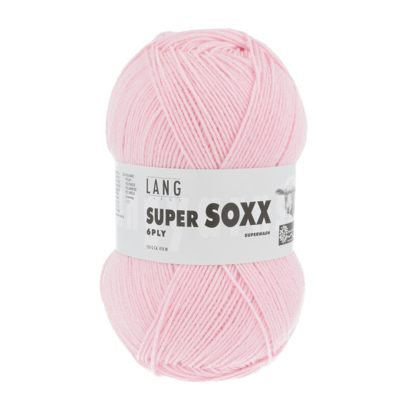 Lang Yarns Super Soxx 6-ply on perinteinen sukkalangan 
75 % puhdasta uutta villaa, 25 % polyamidia
150 g kerä = 410 m
Yksi kerä (150 g) riittää aikuisten sukkapariin kokoon 44 asti.