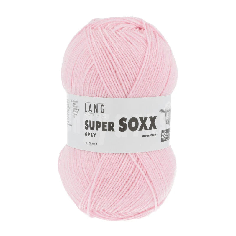 Lang Yarns Super Soxx 6-ply on perinteinen sukkalangan 
75 % puhdasta uutta villaa, 25 % polyamidia
150 g kerä = 410 m
Yksi kerä (150 g) riittää aikuisten sukkapariin kokoon 44 asti.