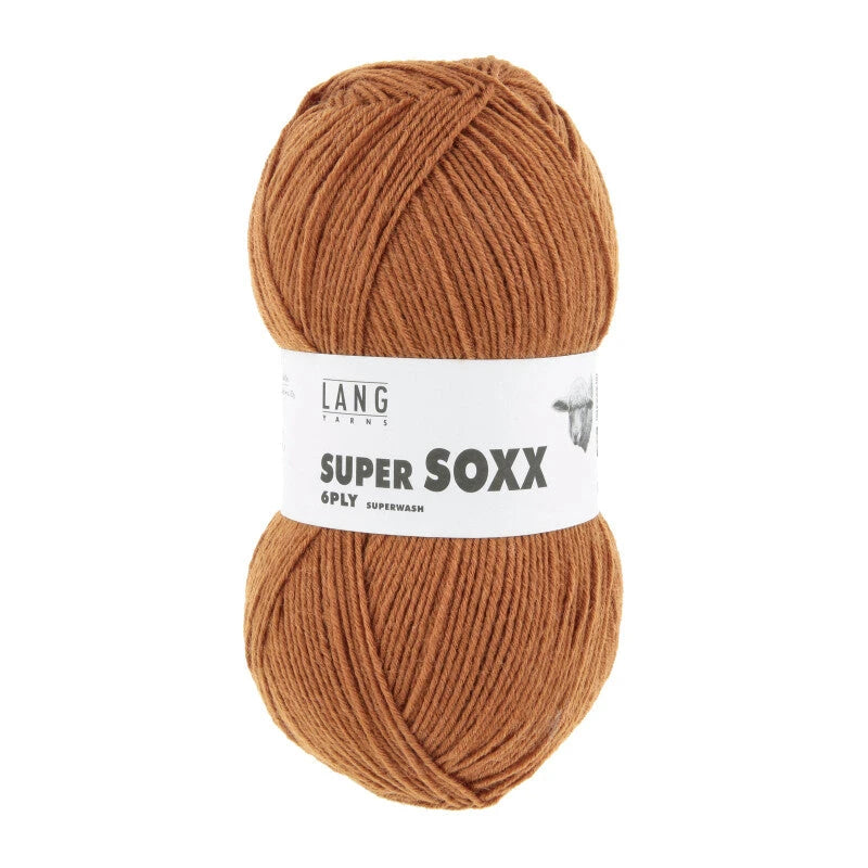 Lang Yarns Super Soxx 6-ply on perinteinen sukkalangan 
75 % puhdasta uutta villaa, 25 % polyamidia
150 g kerä = 410 m
Yksi kerä (150 g) riittää aikuisten sukkapariin kokoon 44 asti.