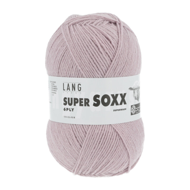Lang Yarns Super Soxx 6-ply on perinteinen sukkalangan 
75 % puhdasta uutta villaa, 25 % polyamidia
150 g kerä = 410 m
Yksi kerä (150 g) riittää aikuisten sukkapariin kokoon 44 asti.