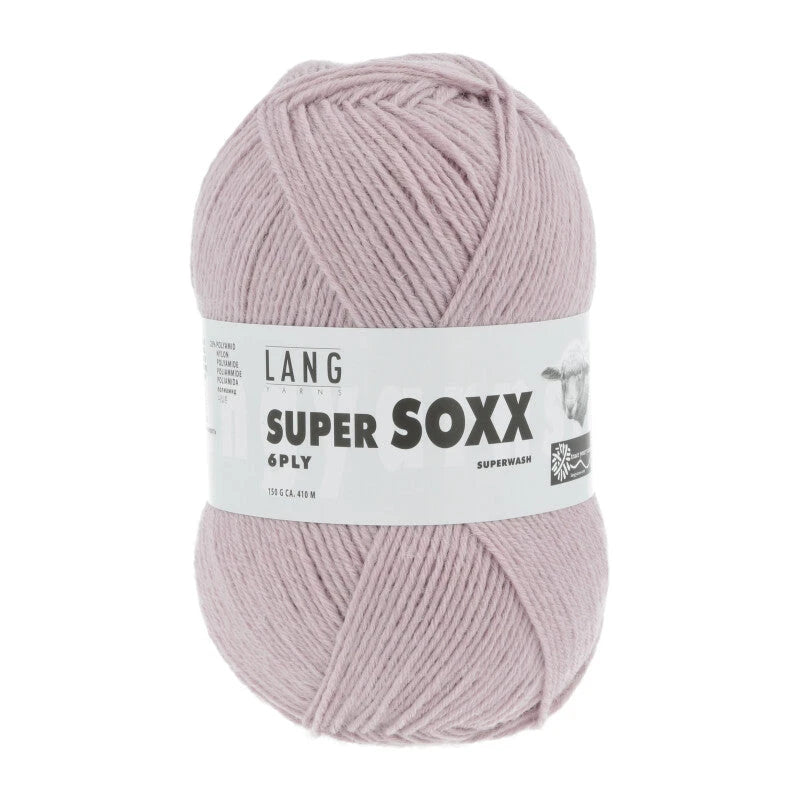 Lang Yarns Super Soxx 6-ply on perinteinen sukkalangan 
75 % puhdasta uutta villaa, 25 % polyamidia
150 g kerä = 410 m
Yksi kerä (150 g) riittää aikuisten sukkapariin kokoon 44 asti.