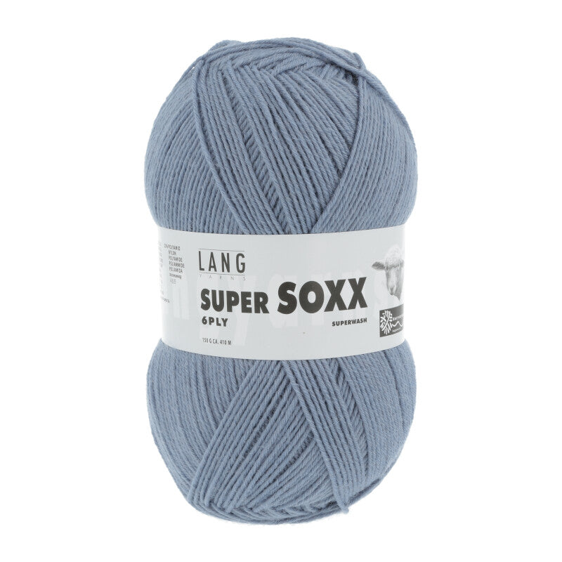 Lang Yarns Super Soxx 6-ply on perinteinen sukkalangan 
75 % puhdasta uutta villaa, 25 % polyamidia
150 g kerä = 410 m
Yksi kerä (150 g) riittää aikuisten sukkapariin kokoon 44 asti.