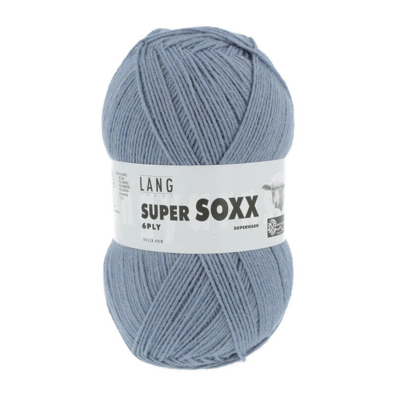 Lang Yarns Super Soxx 6-ply on perinteinen sukkalangan 
75 % puhdasta uutta villaa, 25 % polyamidia
150 g kerä = 410 m
Yksi kerä (150 g) riittää aikuisten sukkapariin kokoon 44 asti.
