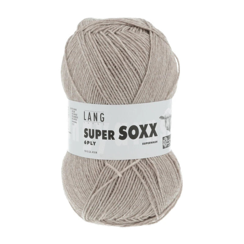 Lang Yarns Super Soxx 6-ply on perinteinen sukkalangan 
75 % puhdasta uutta villaa, 25 % polyamidia
150 g kerä = 410 m
Yksi kerä (150 g) riittää aikuisten sukkapariin kokoon 44 asti.
