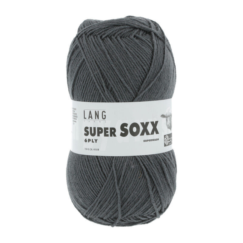 Lang Yarns Super Soxx 6-ply on perinteinen sukkalangan 
75 % puhdasta uutta villaa, 25 % polyamidia
150 g kerä = 410 m
Yksi kerä (150 g) riittää aikuisten sukkapariin kokoon 44 asti.