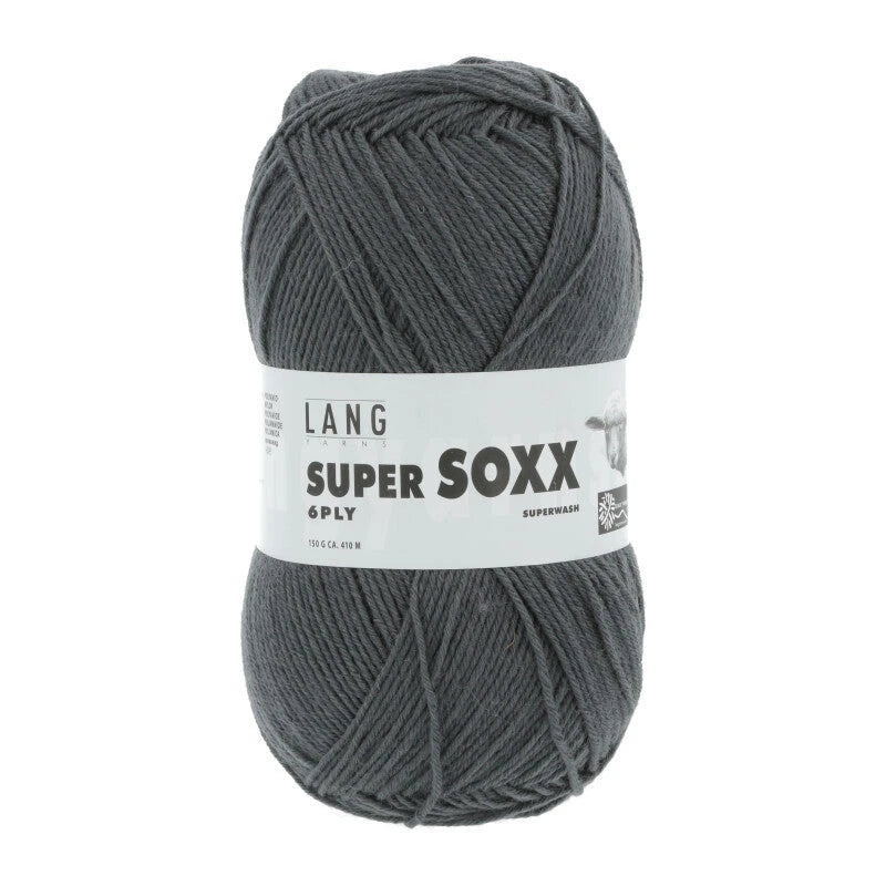 Lang Yarns Super Soxx 6-ply on perinteinen sukkalangan 
75 % puhdasta uutta villaa, 25 % polyamidia
150 g kerä = 410 m
Yksi kerä (150 g) riittää aikuisten sukkapariin kokoon 44 asti.