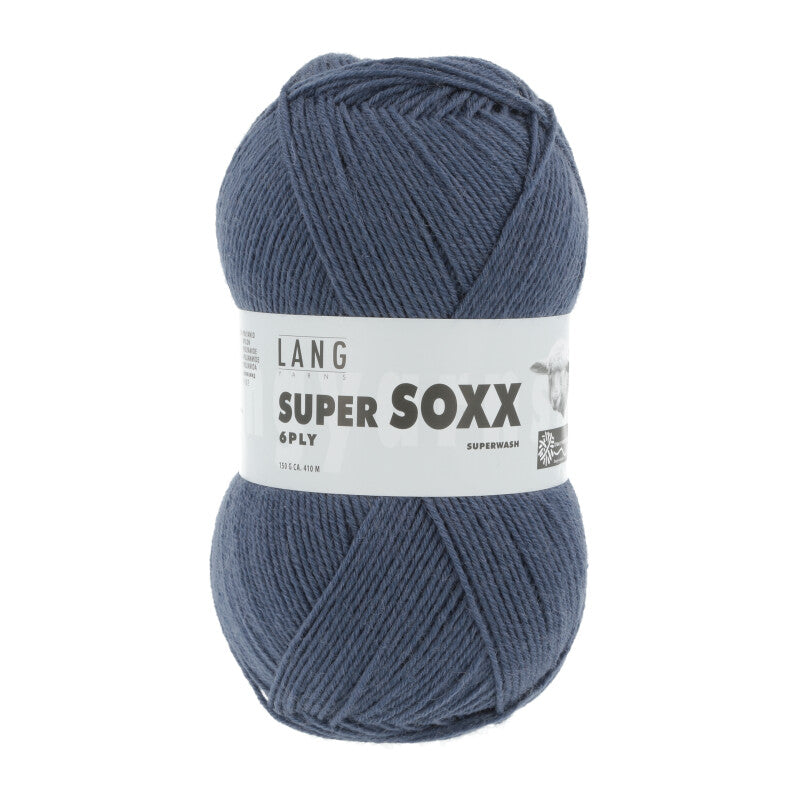 Lang Yarns Super Soxx 6-ply on perinteinen sukkalangan 
75 % puhdasta uutta villaa, 25 % polyamidia
150 g kerä = 410 m
Yksi kerä (150 g) riittää aikuisten sukkapariin kokoon 44 asti.