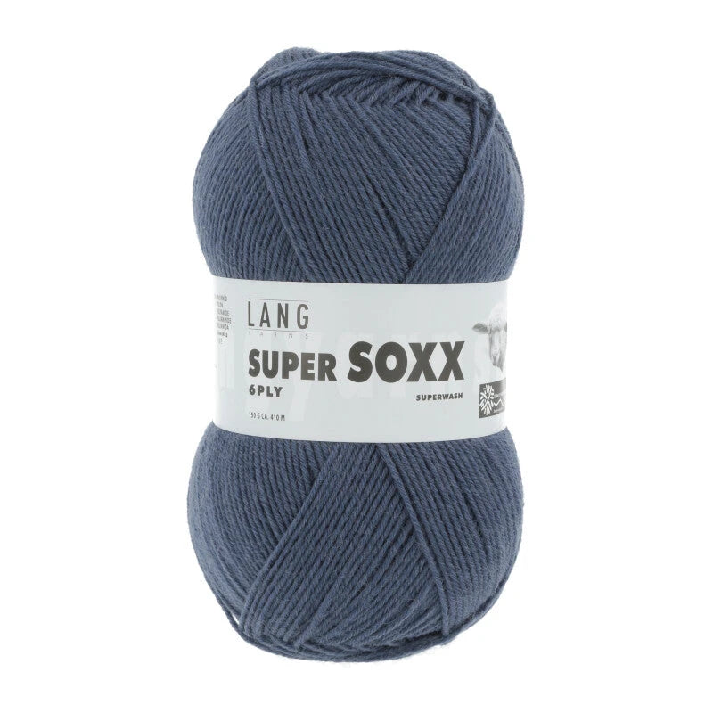 Lang Yarns Super Soxx 6-ply on perinteinen sukkalangan 
75 % puhdasta uutta villaa, 25 % polyamidia
150 g kerä = 410 m
Yksi kerä (150 g) riittää aikuisten sukkapariin kokoon 44 asti.