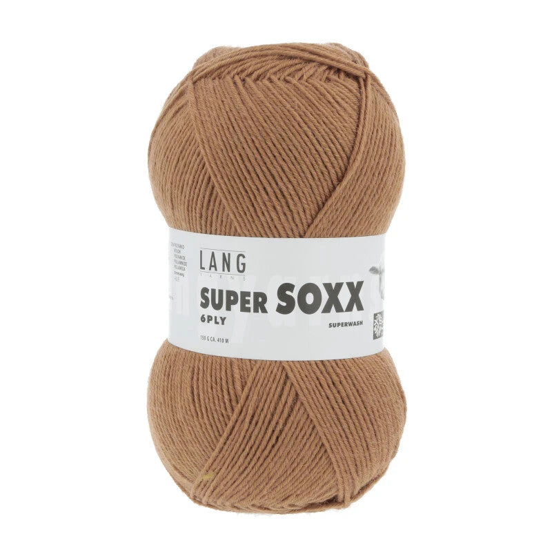 Lang Yarns Super Soxx 6-ply on perinteinen sukkalangan 
75 % puhdasta uutta villaa, 25 % polyamidia
150 g kerä = 410 m
Yksi kerä (150 g) riittää aikuisten sukkapariin kokoon 44 asti.