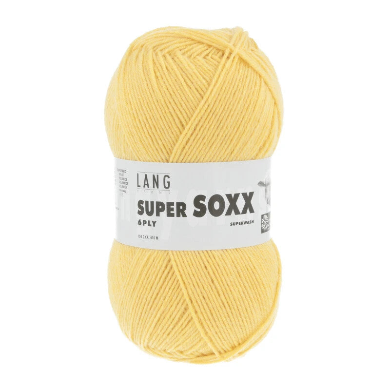 Lang Yarns Super Soxx 6-ply on perinteinen sukkalangan 
75 % puhdasta uutta villaa, 25 % polyamidia
150 g kerä = 410 m
Yksi kerä (150 g) riittää aikuisten sukkapariin kokoon 44 asti.