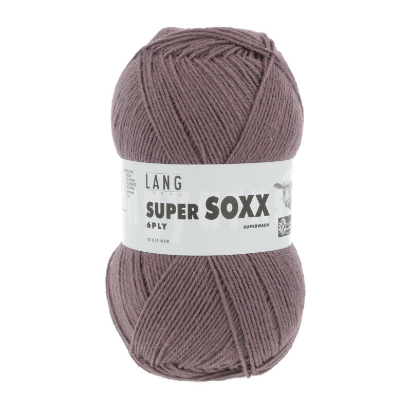 Lang Yarns Super Soxx 6-ply on perinteinen sukkalangan 
75 % puhdasta uutta villaa, 25 % polyamidia
150 g kerä = 410 m
Yksi kerä (150 g) riittää aikuisten sukkapariin kokoon 44 asti.