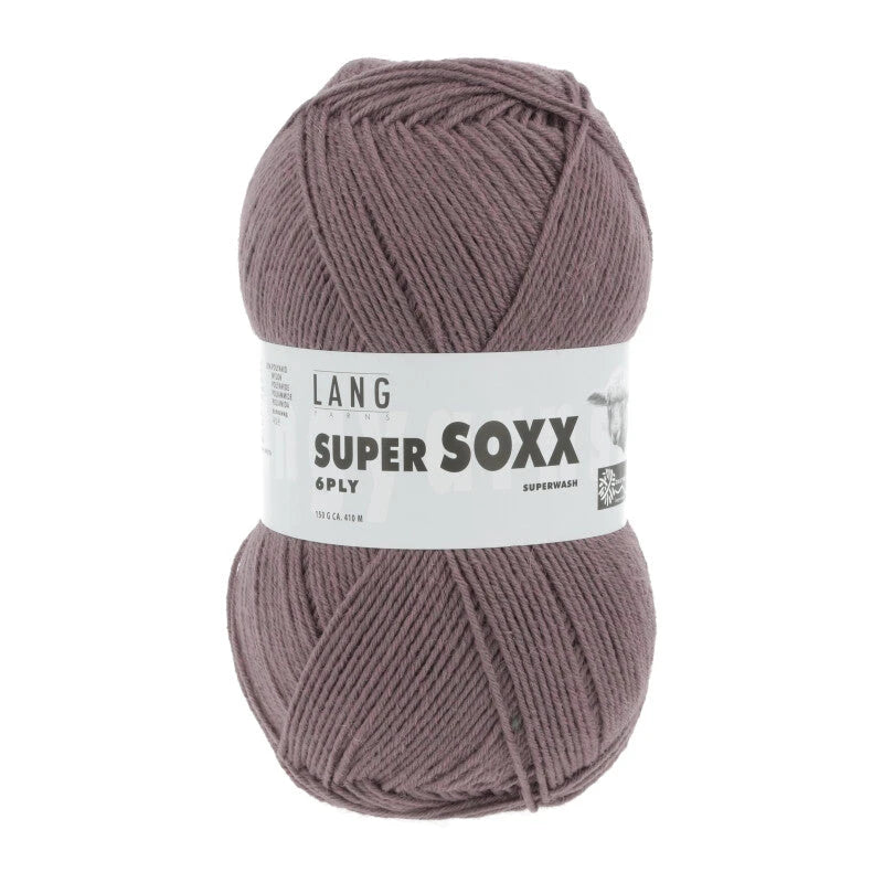 Lang Yarns Super Soxx 6-ply on perinteinen sukkalangan 
75 % puhdasta uutta villaa, 25 % polyamidia
150 g kerä = 410 m
Yksi kerä (150 g) riittää aikuisten sukkapariin kokoon 44 asti.