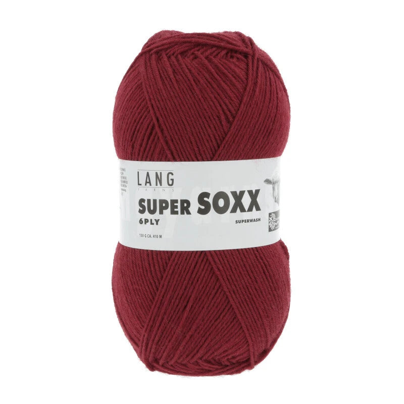Lang Yarns Super Soxx 6-ply on perinteinen sukkalangan 
75 % puhdasta uutta villaa, 25 % polyamidia
150 g kerä = 410 m
Yksi kerä (150 g) riittää aikuisten sukkapariin kokoon 44 asti.