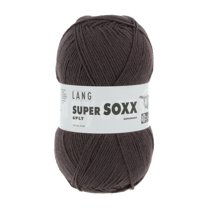 Lang Yarns Super Soxx 6-ply on perinteinen sukkalangan 
75 % puhdasta uutta villaa, 25 % polyamidia
150 g kerä = 410 m
Yksi kerä (150 g) riittää aikuisten sukkapariin kokoon 44 asti.