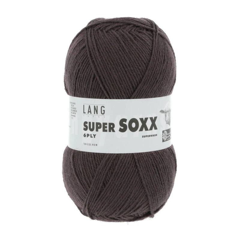Lang Yarns Super Soxx 6-ply on perinteinen sukkalangan 
75 % puhdasta uutta villaa, 25 % polyamidia
150 g kerä = 410 m
Yksi kerä (150 g) riittää aikuisten sukkapariin kokoon 44 asti.