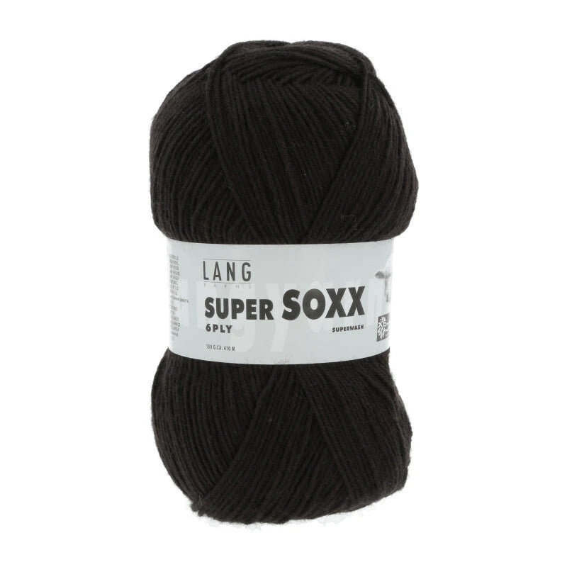 Lang Yarns Super Soxx 6-ply on perinteinen sukkalangan 
75 % puhdasta uutta villaa, 25 % polyamidia
150 g kerä = 410 m
Yksi kerä (150 g) riittää aikuisten sukkapariin kokoon 44 asti.