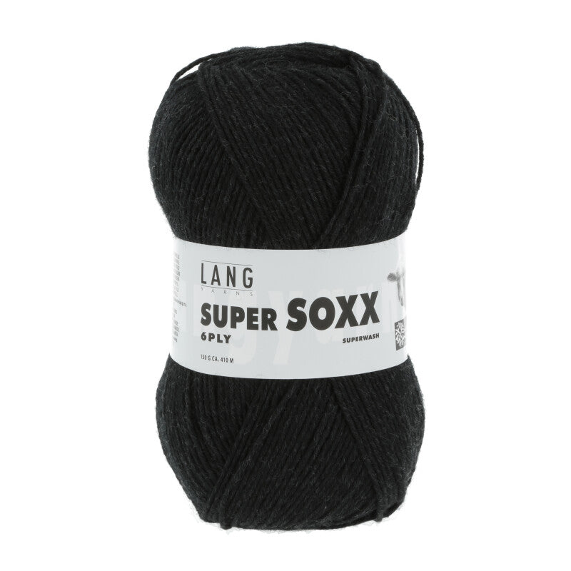 Lang Yarns Super Soxx 6-ply on perinteinen sukkalangan 
75 % puhdasta uutta villaa, 25 % polyamidia
150 g kerä = 410 m
Yksi kerä (150 g) riittää aikuisten sukkapariin kokoon 44 asti.