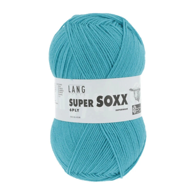 Lang Yarns Super Soxx 6-ply on perinteinen sukkalangan 
75 % puhdasta uutta villaa, 25 % polyamidia
150 g kerä = 410 m
Yksi kerä (150 g) riittää aikuisten sukkapariin kokoon 44 asti.