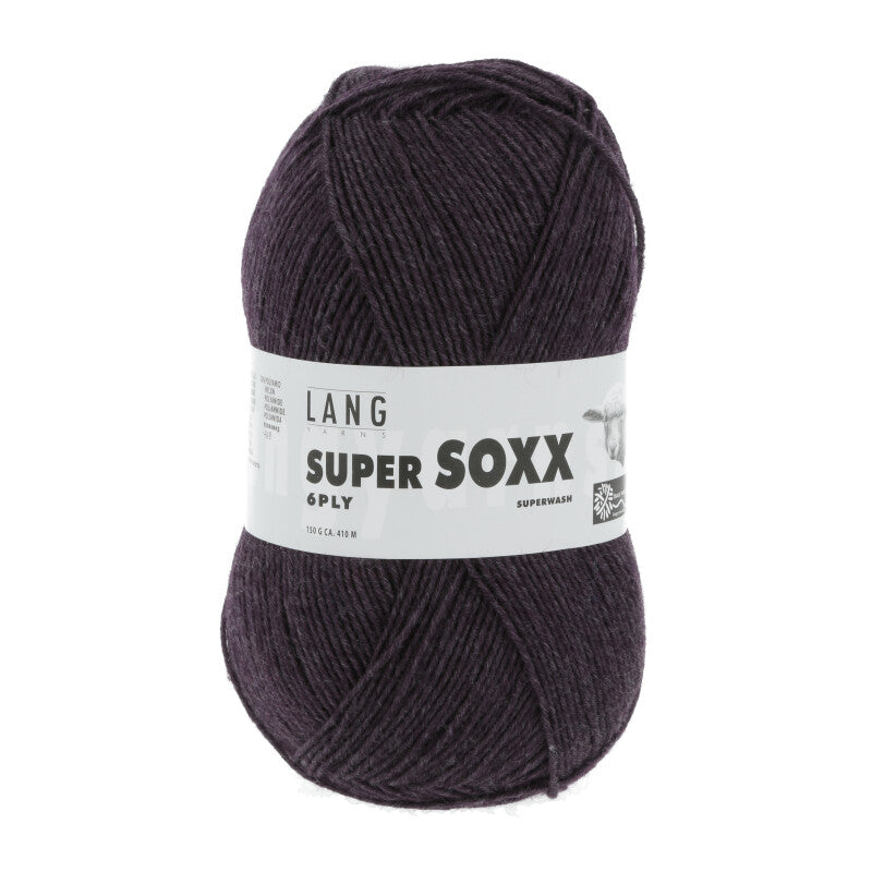 Lang Yarns Super Soxx 6-ply on perinteinen sukkalangan 
75 % puhdasta uutta villaa, 25 % polyamidia
150 g kerä = 410 m
Yksi kerä (150 g) riittää aikuisten sukkapariin kokoon 44 asti.