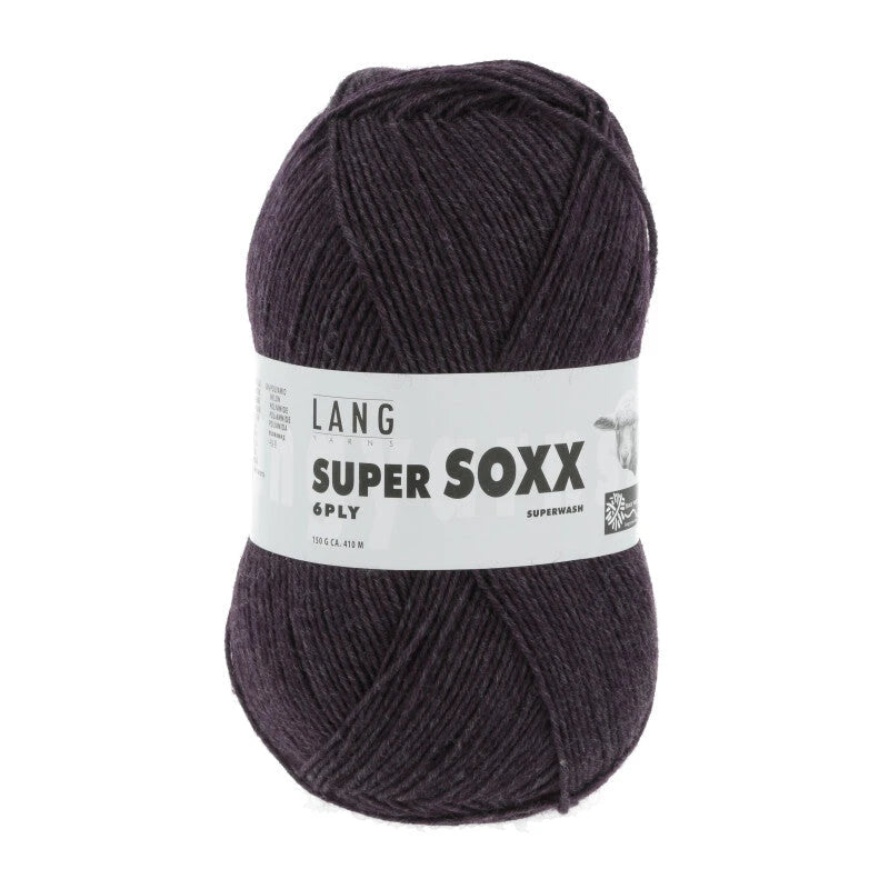 Lang Yarns Super Soxx 6-ply on perinteinen sukkalangan 
75 % puhdasta uutta villaa, 25 % polyamidia
150 g kerä = 410 m
Yksi kerä (150 g) riittää aikuisten sukkapariin kokoon 44 asti.