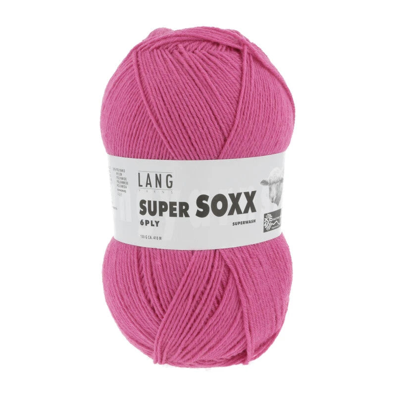 Lang Yarns Super Soxx 6-ply on perinteinen sukkalangan 
75 % puhdasta uutta villaa, 25 % polyamidia
150 g kerä = 410 m
Yksi kerä (150 g) riittää aikuisten sukkapariin kokoon 44 asti.