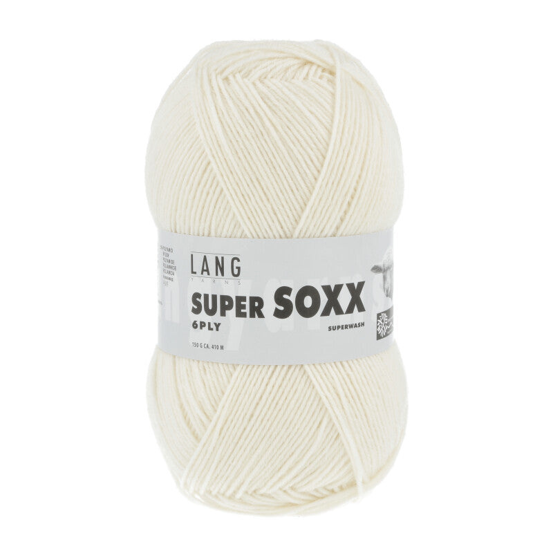 Lang Yarns Super Soxx 6-ply on perinteinen sukkalangan 
75 % puhdasta uutta villaa, 25 % polyamidia
150 g kerä = 410 m
Yksi kerä (150 g) riittää aikuisten sukkapariin kokoon 44 asti.