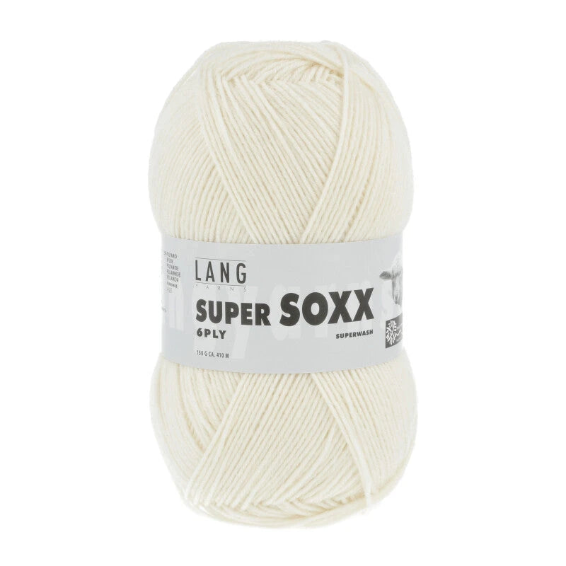 Lang Yarns Super Soxx 6-ply on perinteinen sukkalangan 
75 % puhdasta uutta villaa, 25 % polyamidia
150 g kerä = 410 m
Yksi kerä (150 g) riittää aikuisten sukkapariin kokoon 44 asti.