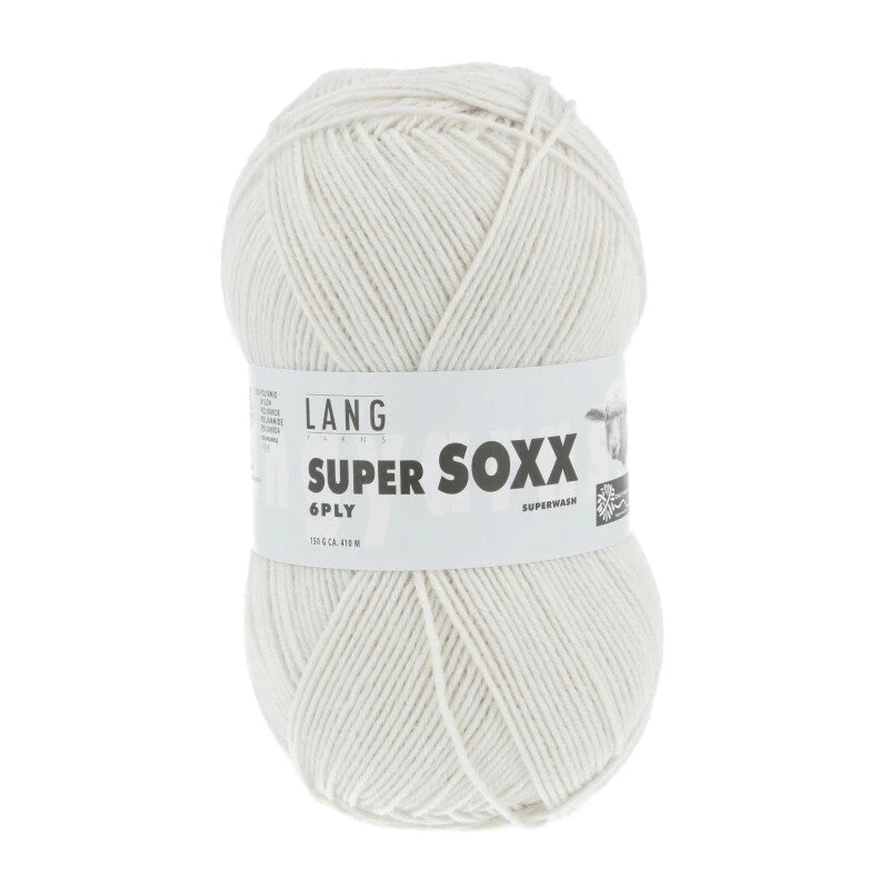 Lang Yarns Super Soxx 6-ply on perinteinen sukkalangan 
75 % puhdasta uutta villaa, 25 % polyamidia
150 g kerä = 410 m
Yksi kerä (150 g) riittää aikuisten sukkapariin kokoon 44 asti.