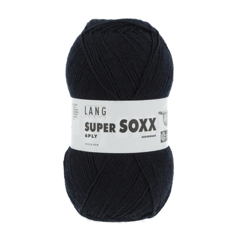 Lang Yarns Super Soxx 6-ply on perinteinen sukkalangan 
75 % puhdasta uutta villaa, 25 % polyamidia
150 g kerä = 410 m
Yksi kerä (150 g) riittää aikuisten sukkapariin kokoon 44 asti.