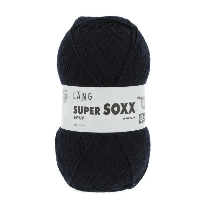 Lang Yarns Super Soxx 6-ply on perinteinen sukkalangan 
75 % puhdasta uutta villaa, 25 % polyamidia
150 g kerä = 410 m
Yksi kerä (150 g) riittää aikuisten sukkapariin kokoon 44 asti.