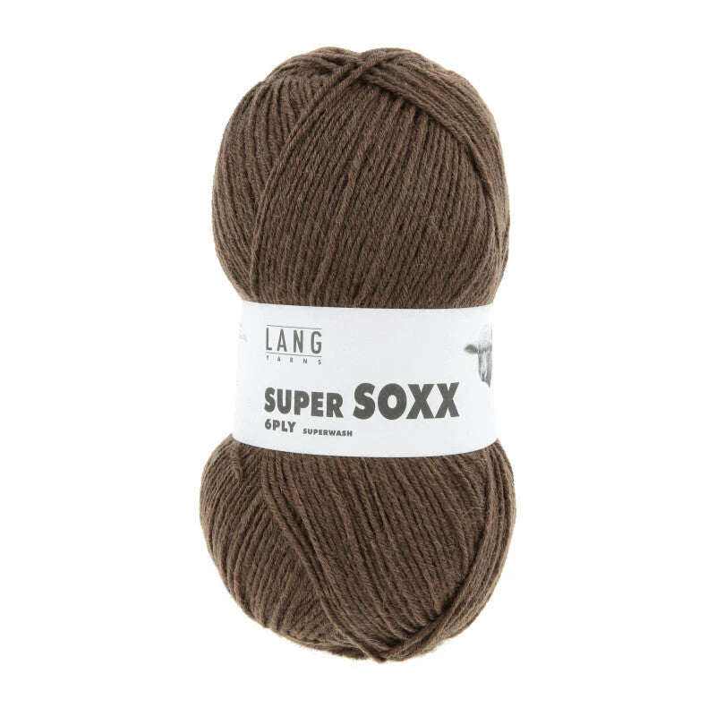 Lang Yarns Super Soxx 6-ply on perinteinen sukkalangan 
75 % puhdasta uutta villaa, 25 % polyamidia
150 g kerä = 410 m
Yksi kerä (150 g) riittää aikuisten sukkapariin kokoon 44 asti.