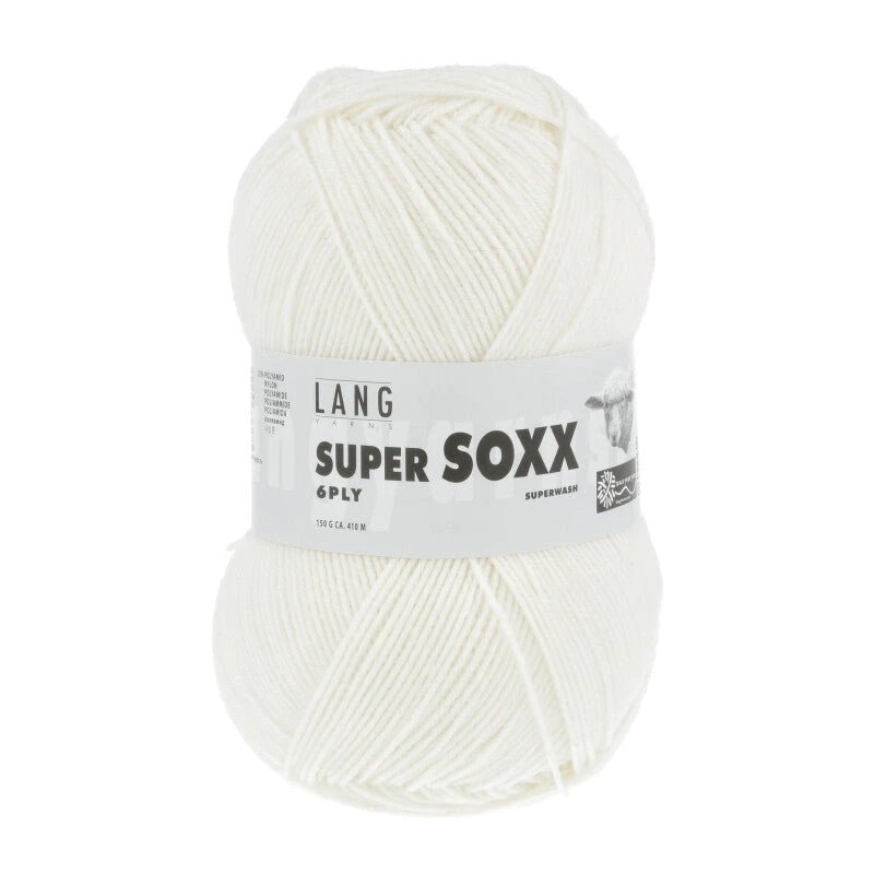 Lang Yarns Super Soxx 6-ply on perinteinen sukkalangan 
75 % puhdasta uutta villaa, 25 % polyamidia
150 g kerä = 410 m
Yksi kerä (150 g) riittää aikuisten sukkapariin kokoon 44 asti.