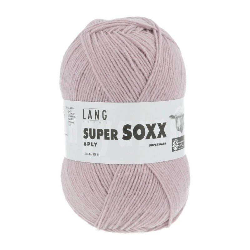 Lang Yarns Super Soxx 6-ply on perinteinen sukkalangan 
75 % puhdasta uutta villaa, 25 % polyamidia
150 g kerä = 410 m
Yksi kerä (150 g) riittää aikuisten sukkapariin kokoon 44 asti.