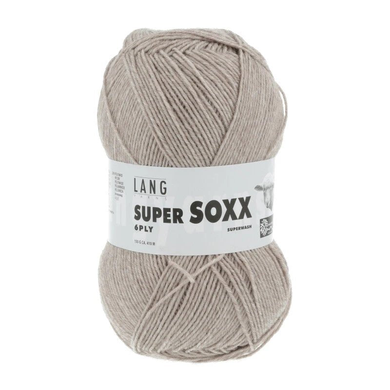 Lang Yarns Super Soxx 6-ply on perinteinen sukkalangan 
75 % puhdasta uutta villaa, 25 % polyamidia
150 g kerä = 410 m
Yksi kerä (150 g) riittää aikuisten sukkapariin kokoon 44 asti.