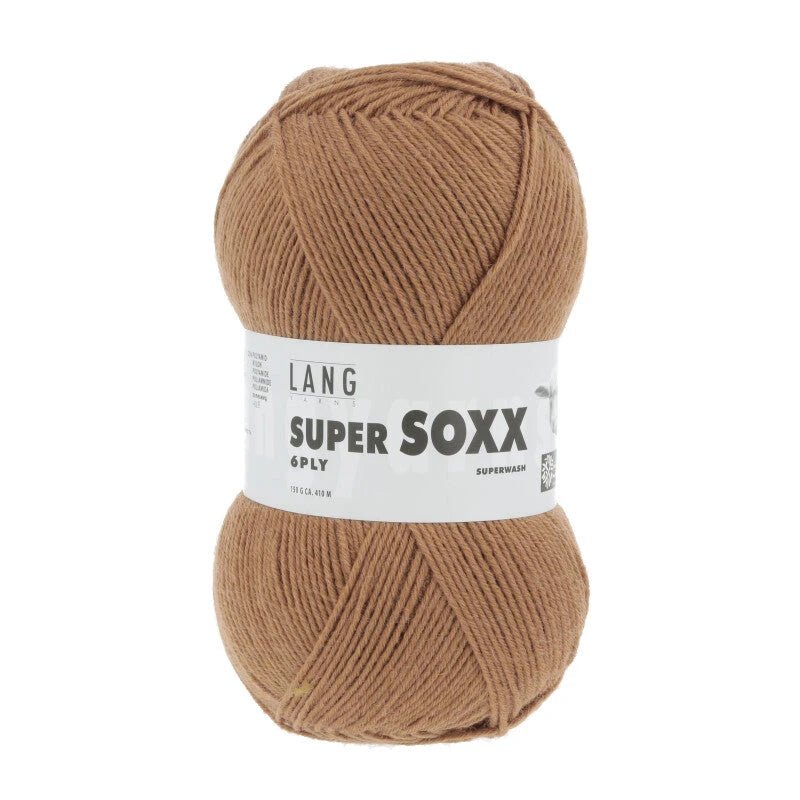 Lang Yarns Super Soxx 6-ply on perinteinen sukkalangan 
75 % puhdasta uutta villaa, 25 % polyamidia
150 g kerä = 410 m
Yksi kerä (150 g) riittää aikuisten sukkapariin kokoon 44 asti.