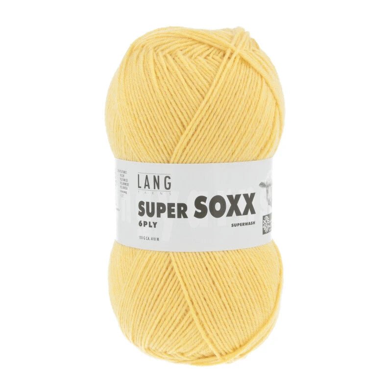 Lang Yarns Super Soxx 6-ply on perinteinen sukkalangan 
75 % puhdasta uutta villaa, 25 % polyamidia
150 g kerä = 410 m
Yksi kerä (150 g) riittää aikuisten sukkapariin kokoon 44 asti.