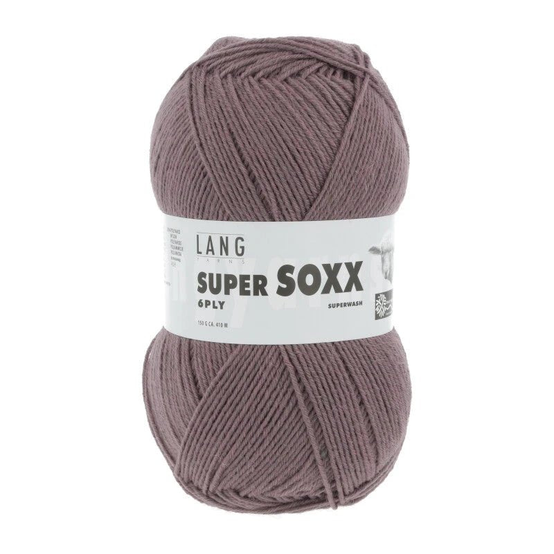 Lang Yarns Super Soxx 6-ply on perinteinen sukkalangan 
75 % puhdasta uutta villaa, 25 % polyamidia
150 g kerä = 410 m
Yksi kerä (150 g) riittää aikuisten sukkapariin kokoon 44 asti.