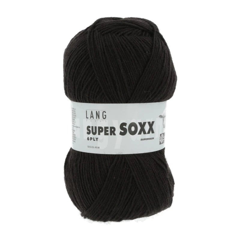 Lang Yarns Super Soxx 6-ply on perinteinen sukkalangan 
75 % puhdasta uutta villaa, 25 % polyamidia
150 g kerä = 410 m
Yksi kerä (150 g) riittää aikuisten sukkapariin kokoon 44 asti.