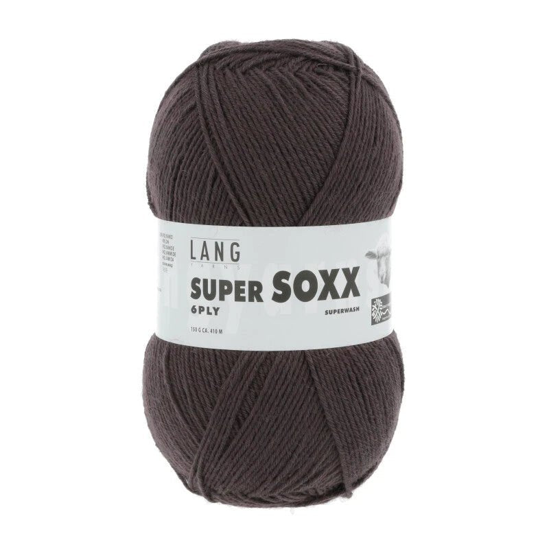 Lang Yarns Super Soxx 6-ply on perinteinen sukkalangan 
75 % puhdasta uutta villaa, 25 % polyamidia
150 g kerä = 410 m
Yksi kerä (150 g) riittää aikuisten sukkapariin kokoon 44 asti.