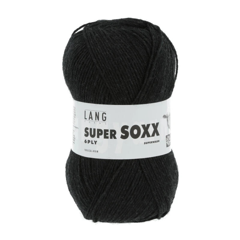 Lang Yarns Super Soxx 6-ply on perinteinen sukkalangan 
75 % puhdasta uutta villaa, 25 % polyamidia
150 g kerä = 410 m
Yksi kerä (150 g) riittää aikuisten sukkapariin kokoon 44 asti.