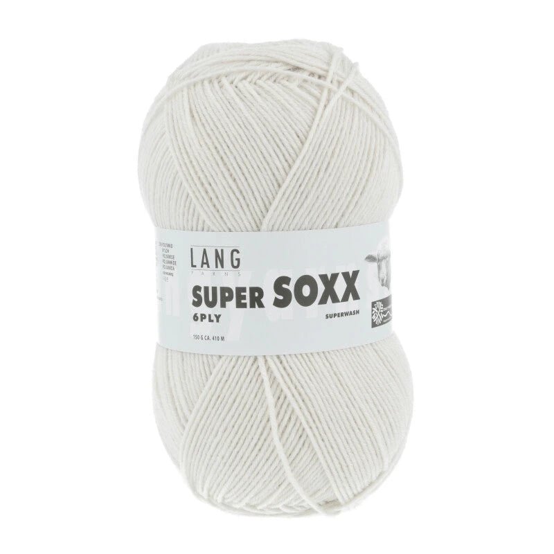 Lang Yarns Super Soxx 6-ply on perinteinen sukkalangan 
75 % puhdasta uutta villaa, 25 % polyamidia
150 g kerä = 410 m
Yksi kerä (150 g) riittää aikuisten sukkapariin kokoon 44 asti.