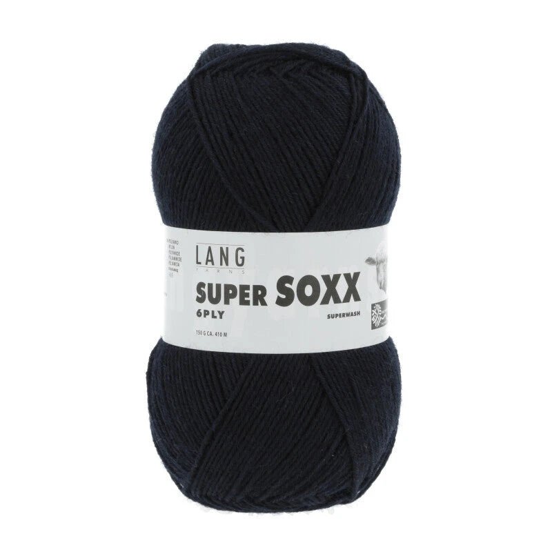 Lang Yarns Super Soxx 6-ply on perinteinen sukkalangan 
75 % puhdasta uutta villaa, 25 % polyamidia
150 g kerä = 410 m
Yksi kerä (150 g) riittää aikuisten sukkapariin kokoon 44 asti.